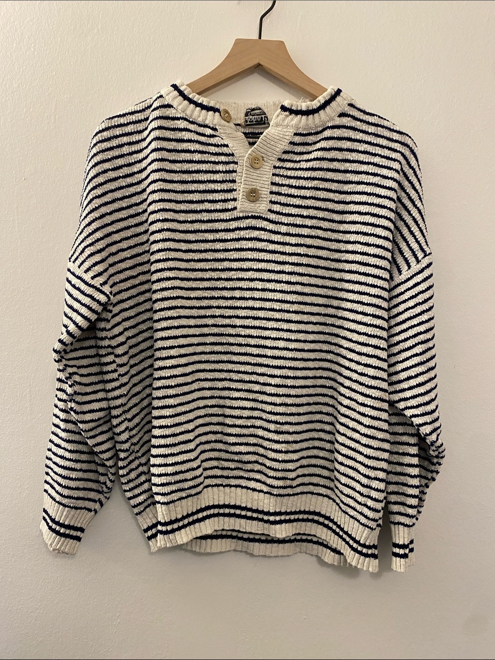 Vintage Navy & Cream Striped Crewneck Sweater with Henley Placket